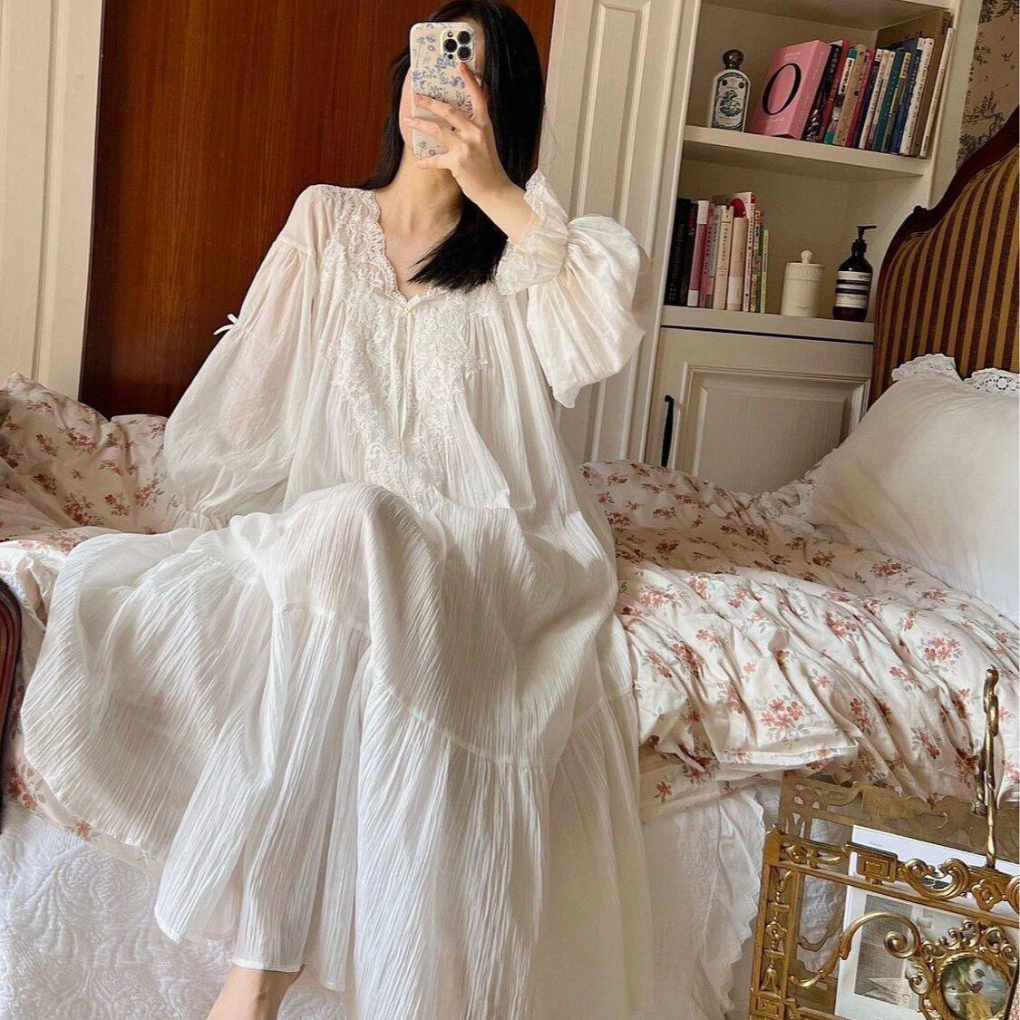 超仙~春日白色水群套头宫廷风甜美公主风睡裙女长袖高级蕾丝睡衣