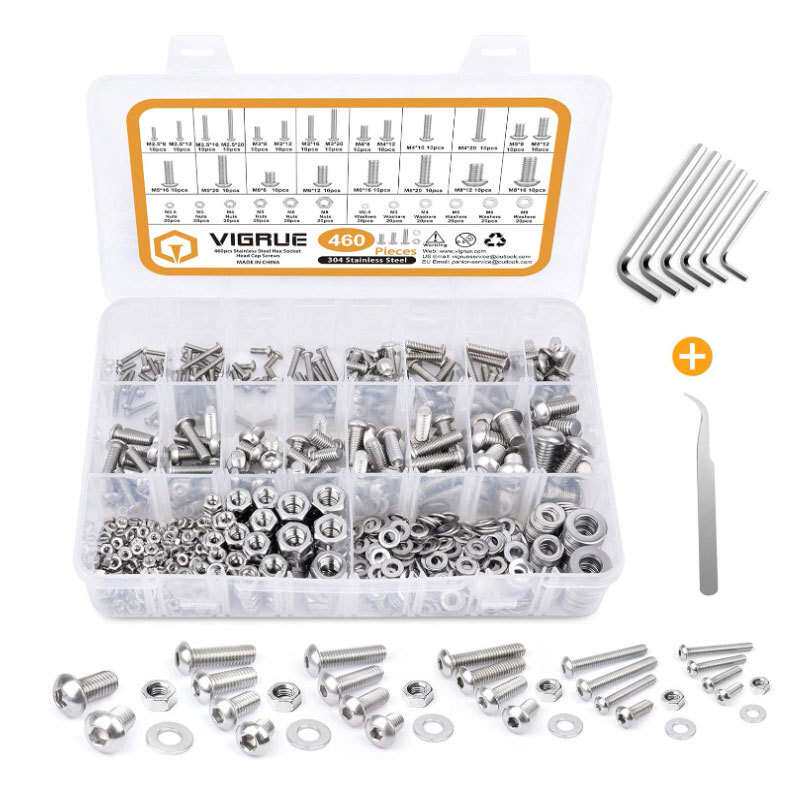 跨境460pcs 半圆头机螺钉套装304不锈钢盘头内六角螺丝组合