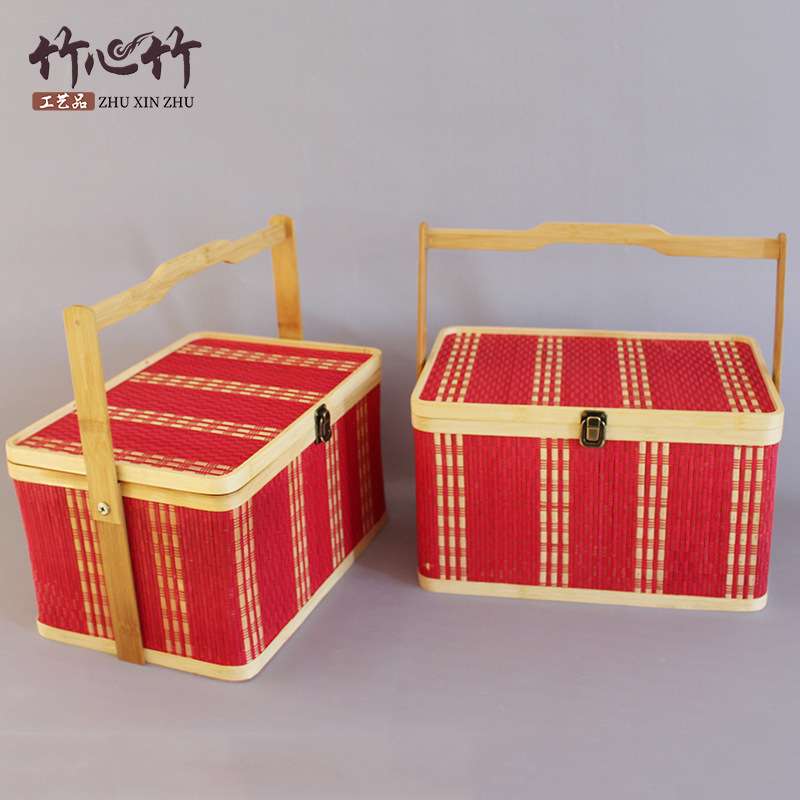 厂家 新款竹篮田园风方形野餐手工仿古编织竹篮竹制编织盒