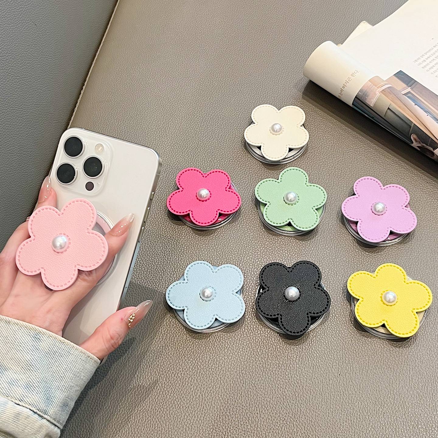 珍珠花朵皮质磁吸支架气囊伸缩