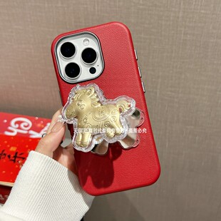 金色小马黏贴式手机支架翻盖补妆镜子马年马上有钱迷你化妆镜粘贴手机壳背面桌面支撑手机架新年喜庆懒人追剧