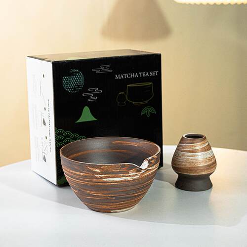 日式粗陶带嘴抹茶碗茶筅立套装