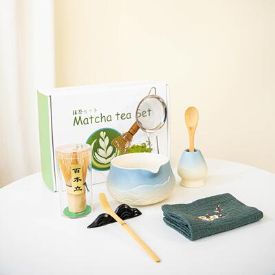 日式粗陶山水抹茶茶具7件套礼盒