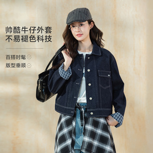 【贝贝&lagogo】LAGOGO靛蓝格袖牛仔外套女格纹翻边小个子上衣