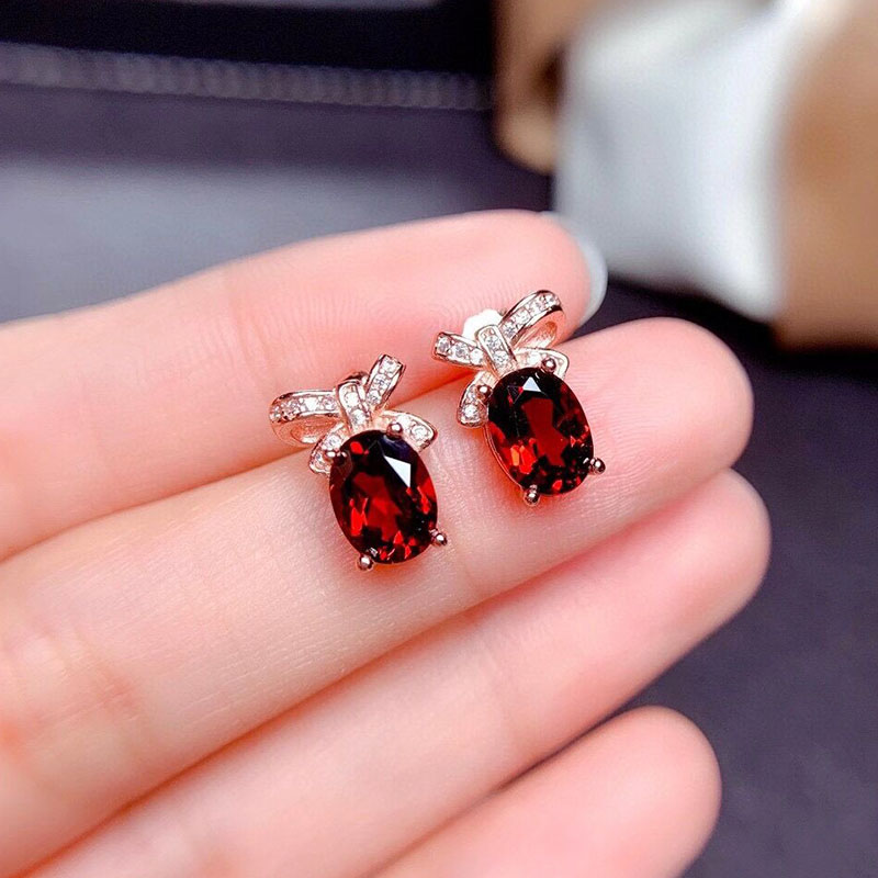 天然石榴石耳钉S925纯银女