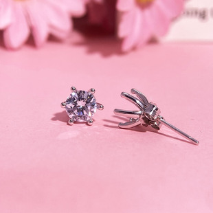 圆形莫桑石耳钉托六爪S925纯银耳饰空托10分30分50分1克拉防过敏