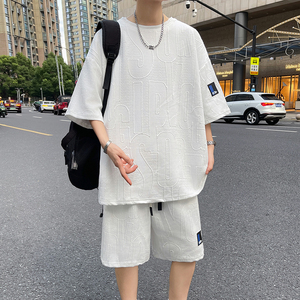 华夫格套装男2025夏季潮牌宽松休闲运动短袖短裤两件套男TZ30-P25