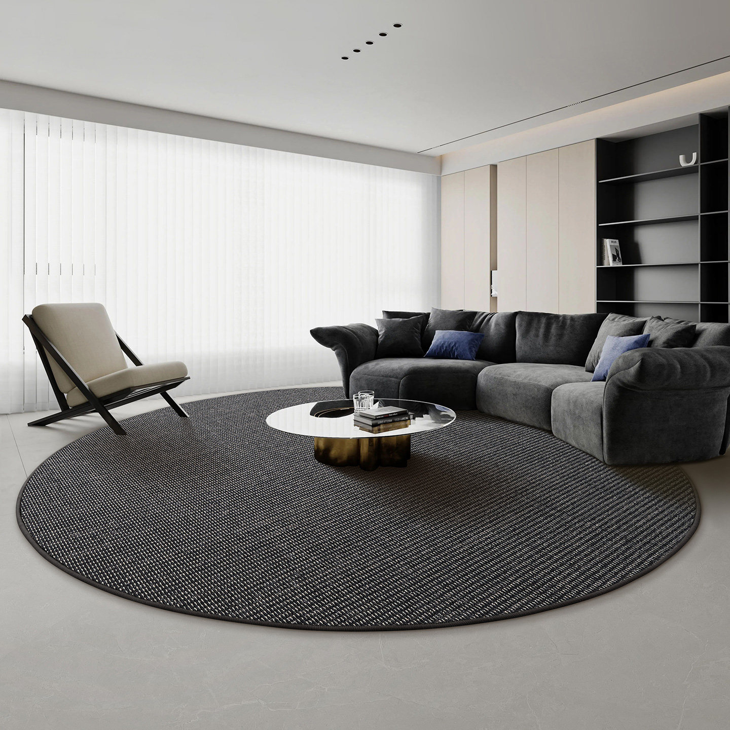 圆形地毯客厅混纺茶几毯现代简约高级灰沙发垫卧室毯黑竖条纹极简