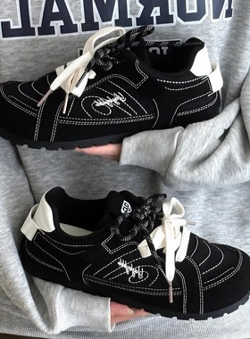 荔枝公园黑色德训鞋子女2025新款软底百搭板鞋复古鞋子透气休闲鞋