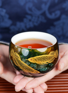非遗大漆茶具手绘金鱼主人杯茶杯