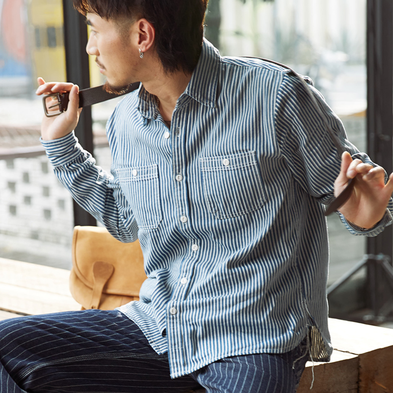 epking美式复古工装蓝白竖条纹