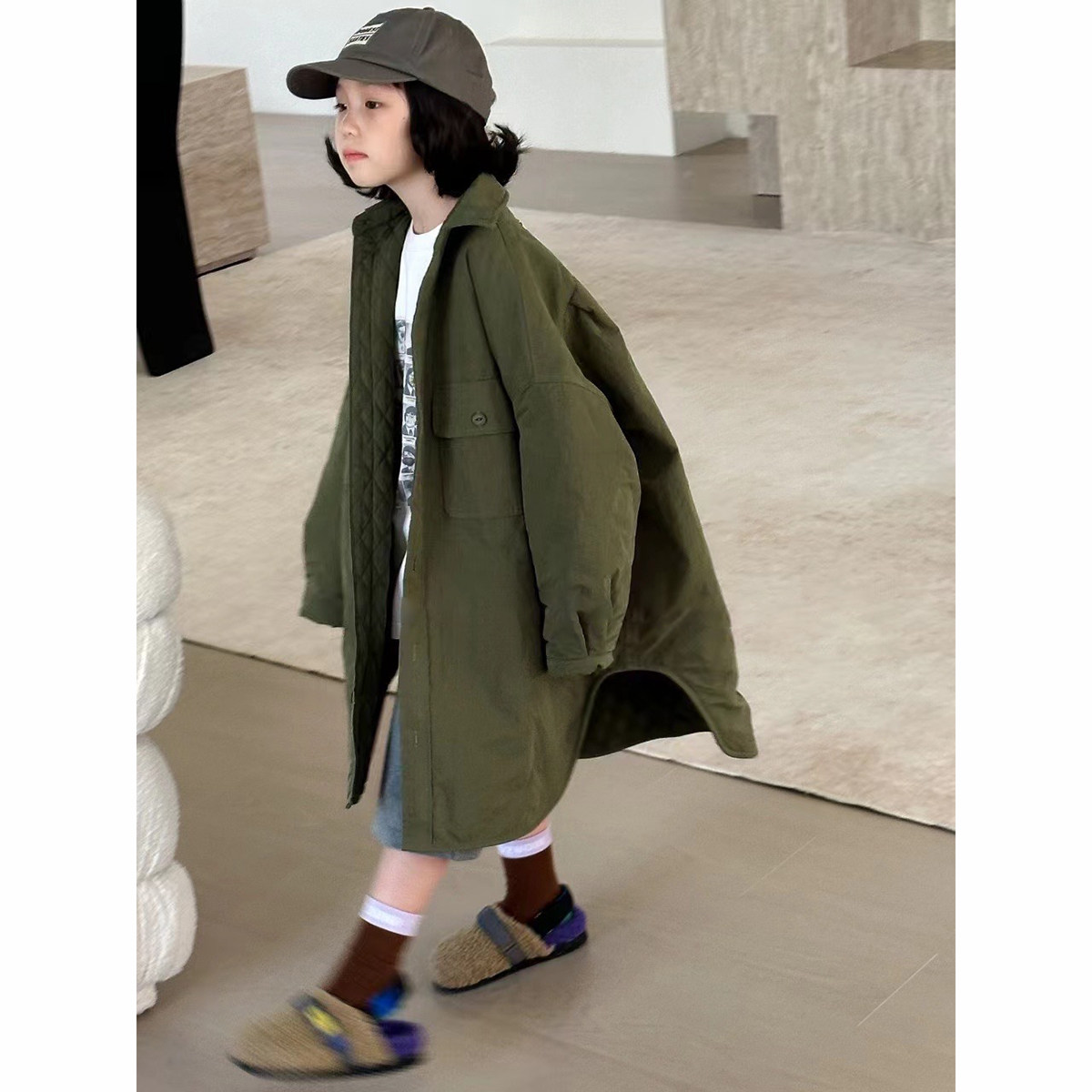 뷰티 시티 아동 패딩 셔츠 자켓 루즈한 롱 대형 버전 중형 및 대형 어린이 부모-자녀에게 적합 슈퍼 패셔너블