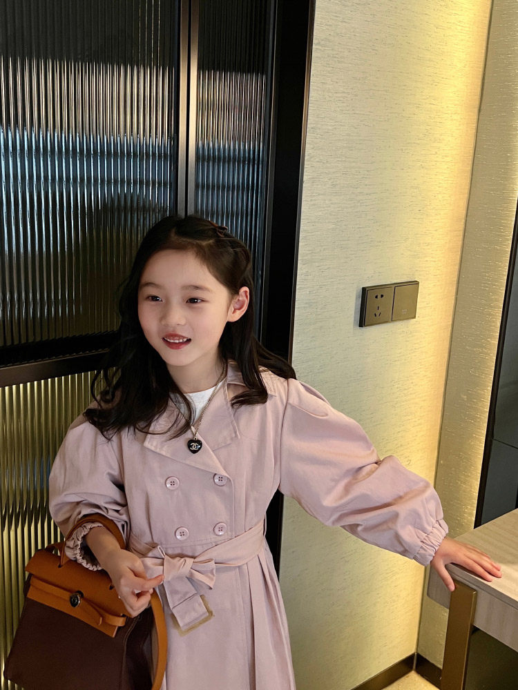 여아용 긴 윈드 재킷 서양식 더블 브레스트 봄 가을 신작 아동복 한식 중대형 아동용 핑크 러플