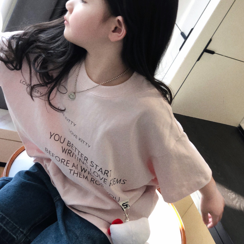 美妞之城女童粉色字母宽松大版T恤中大童2025夏季新款童装 送公仔