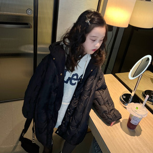 美妞之城女童中长款提花带帽羽绒服外套中大童可亲子2023冬季童装