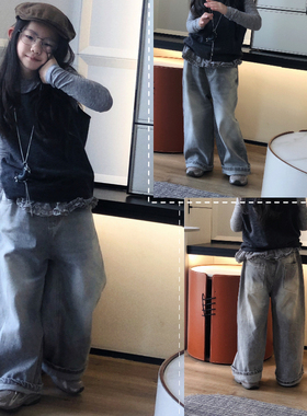 美妞之城 超重工儿童水洗色灰色牛仔直筒裤 中大童裤子 新款