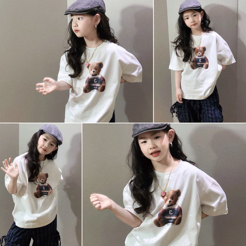女童洋气小熊夏季短袖T恤中大童