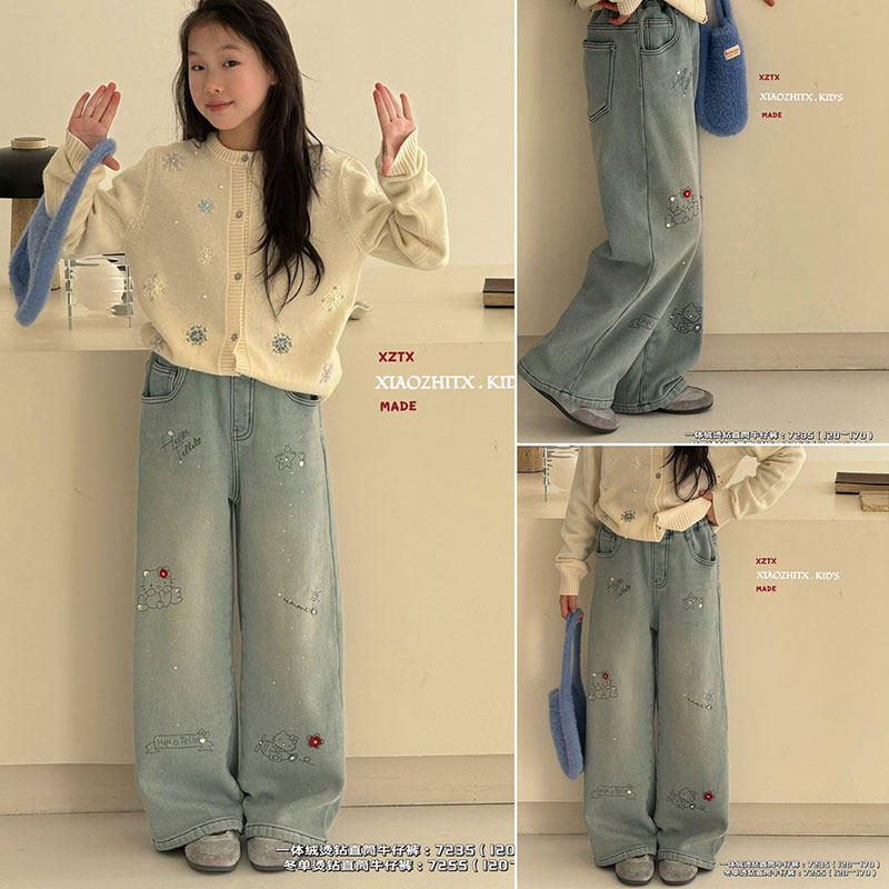 美妞之城女童加厚一体绒直筒牛仔裤中大童裤子 立体绣花 新年款,童装/婴儿装/亲子装,儿童牛仔裤,淘宝优惠券,粉丝福利购,淘宝优惠卷