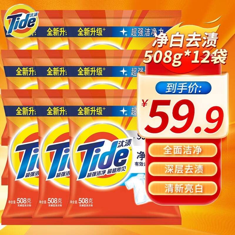 汰渍洗衣粉508g*12袋去油去异味净白去渍无磷高效整箱整批家用