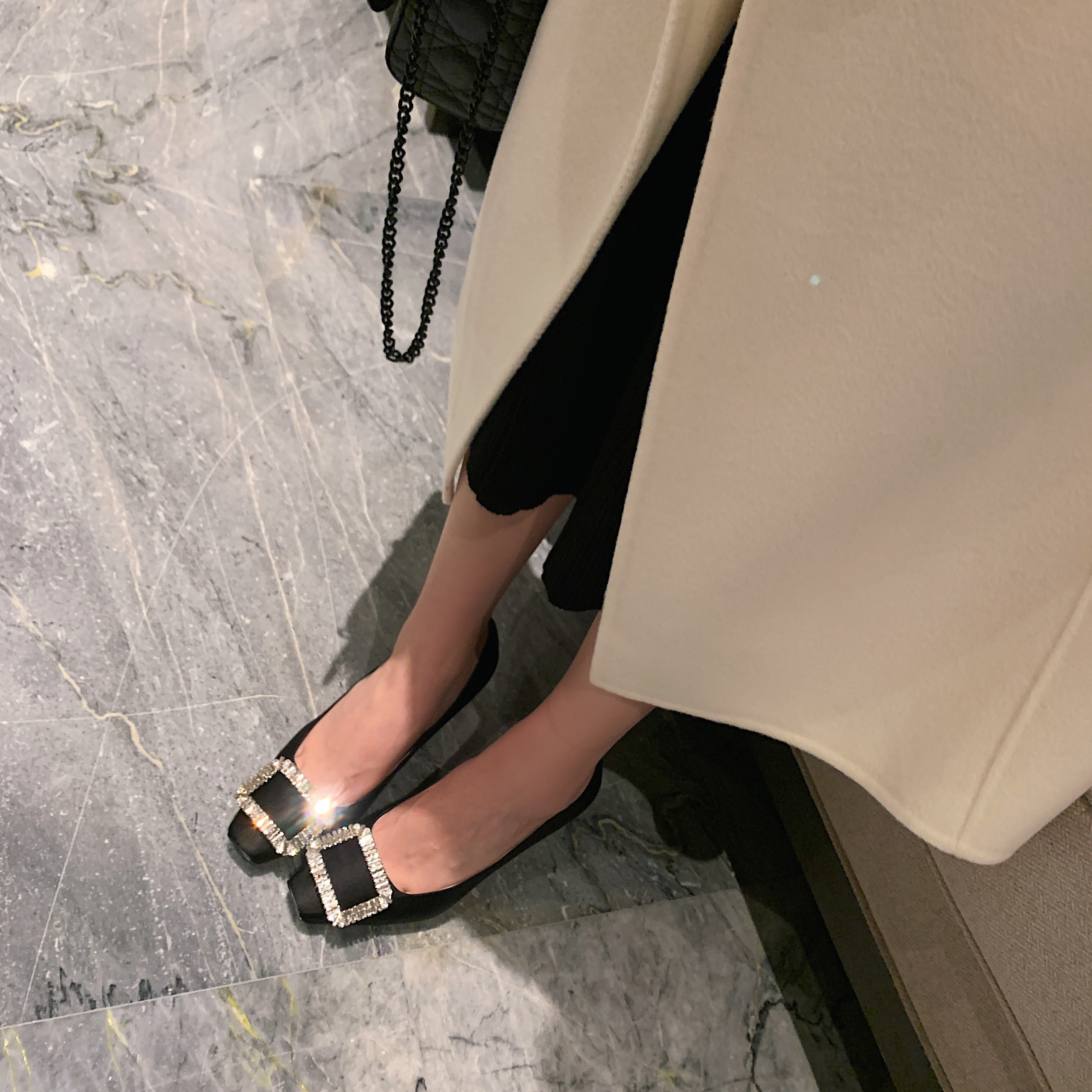 【benefanfan】水钻方扣真丝粗跟单鞋女真皮大底方头中跟高跟鞋