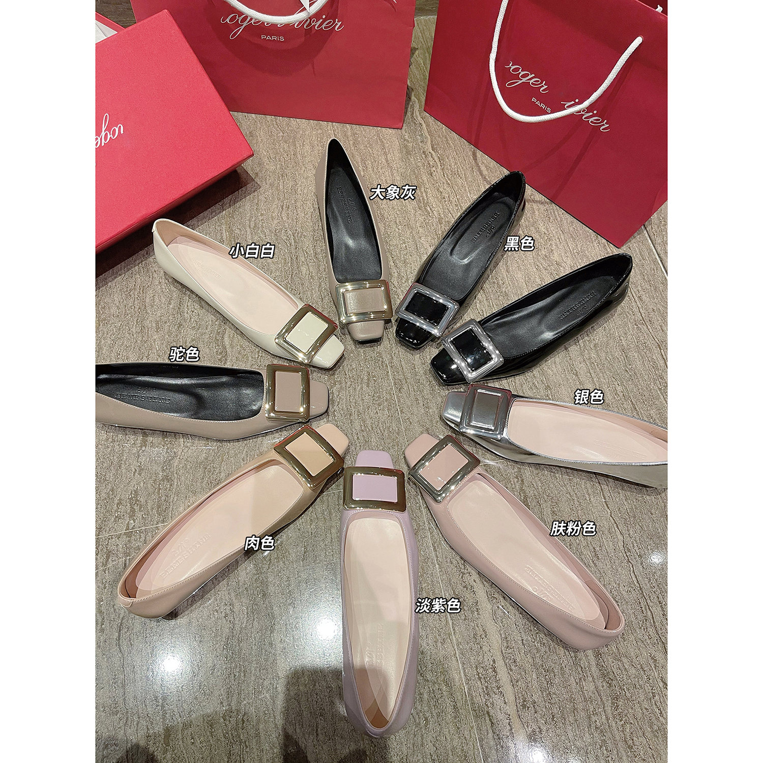 方扣矮跟漆皮单鞋女方头平底鞋