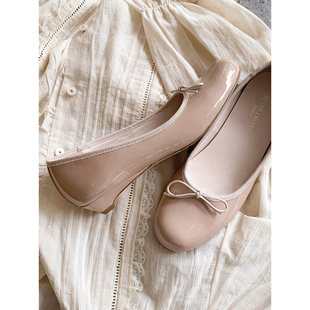 【benefanfan】2025新款茄子鞋女坡跟蝴蝶结里外全皮黑色芭蕾舞鞋