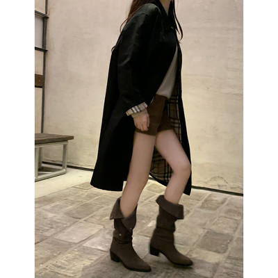 【benefanfan】赋予松弛能量堆堆牛仔靴里外全皮方头粗跟真皮长靴