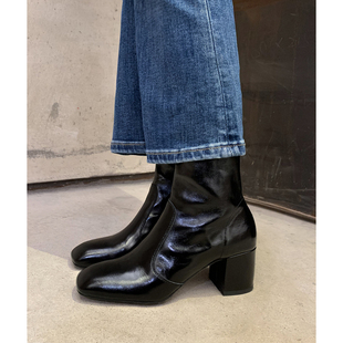 【benefanfan】6cm中跟纤瘦利落风里外全皮短靴方头粗跟皮靴