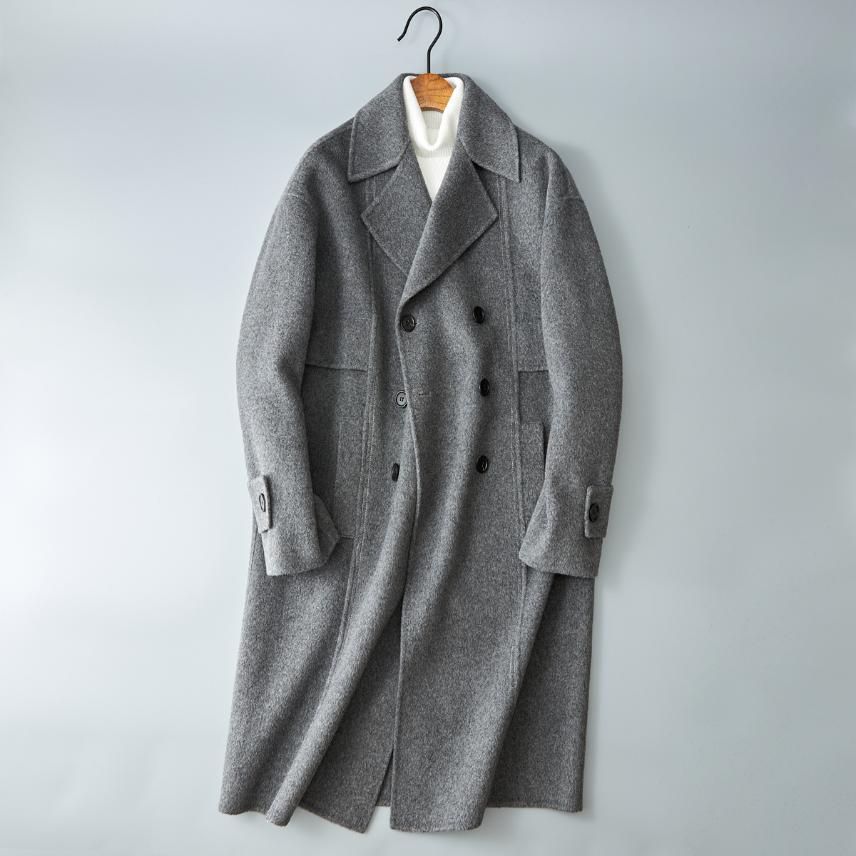 韩式羊毛呢大衣压明线休闲中长款双面呢外套雪花灰2033P485控699，男装毛呢大衣，电商D203(原钱塘6011)