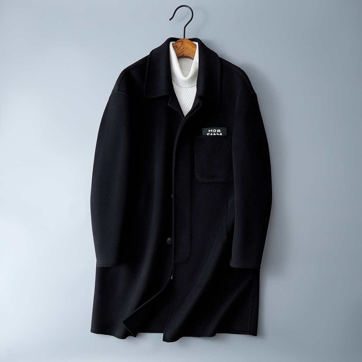 2025中长款羊毛呢大衣青年学院风秋冬衬衫领风衣黑色2206-P350，男装衬衫，电商D203(原钱塘6011)
