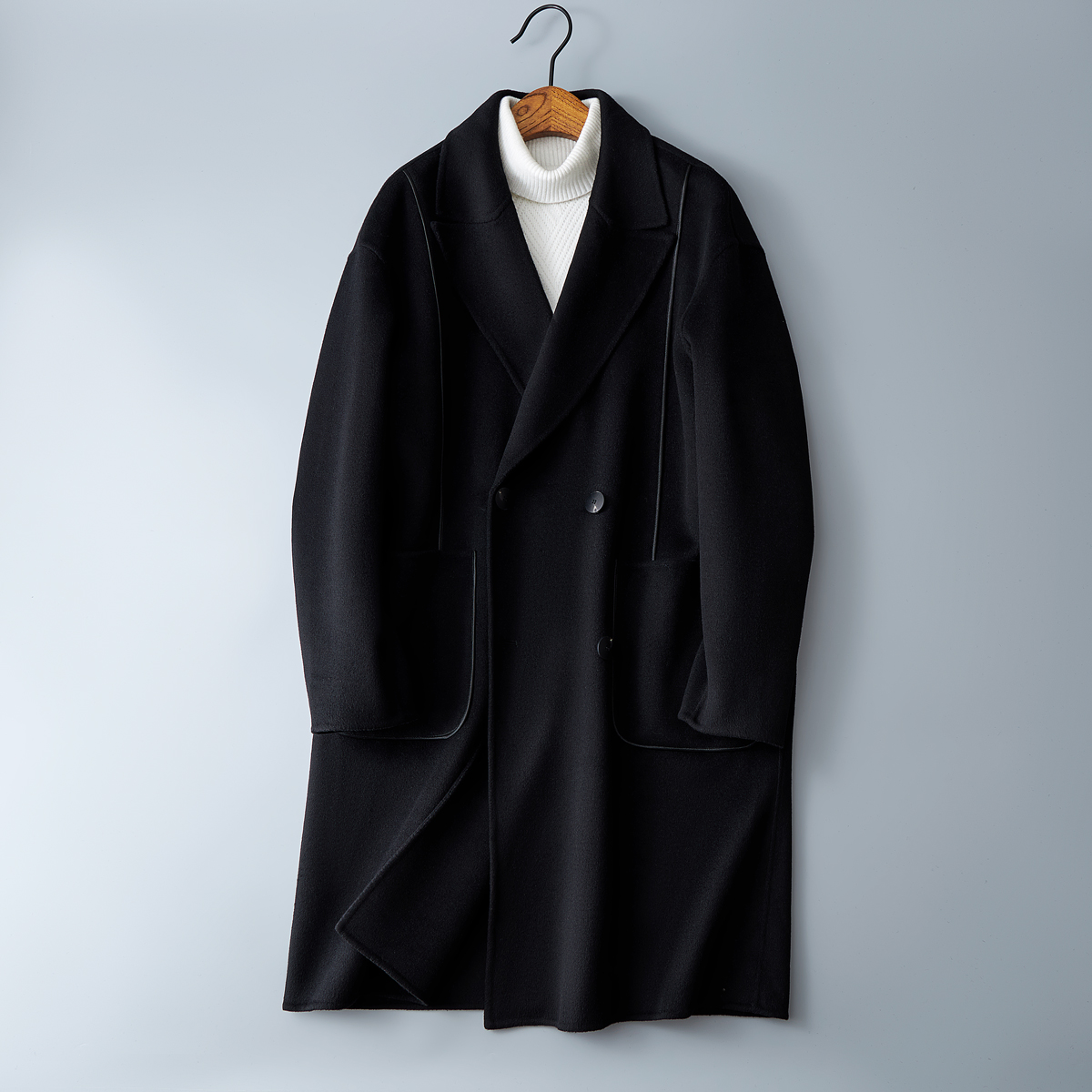 2023西装领双排扣中长款毛呢双面呢黑色电商D203-2213P370控599，男装西服套装，电商D203(原钱塘6011)