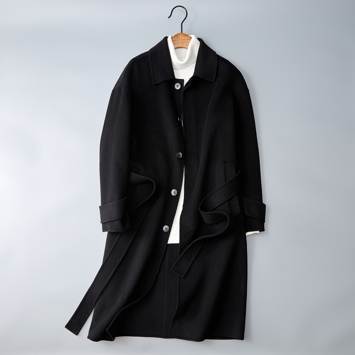 2025冬款中长款双面呢大衣羊毛外套腰带超酷黑色男装2049p420，女装短外套，电商D203(原钱塘6011)