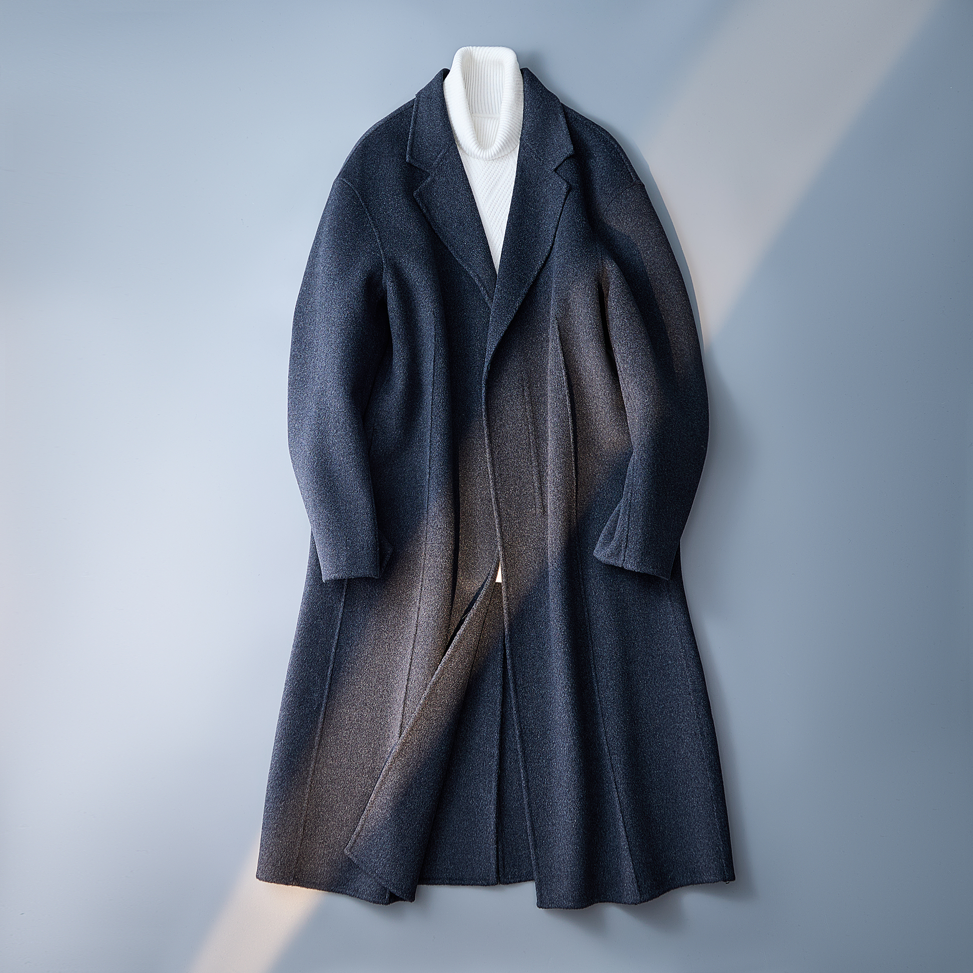 双面呢羊毛大衣男长款英伦风西装领呢子毛呢黑灰色D203-5889P355，男装毛呢大衣，电商D203(原钱塘6011)