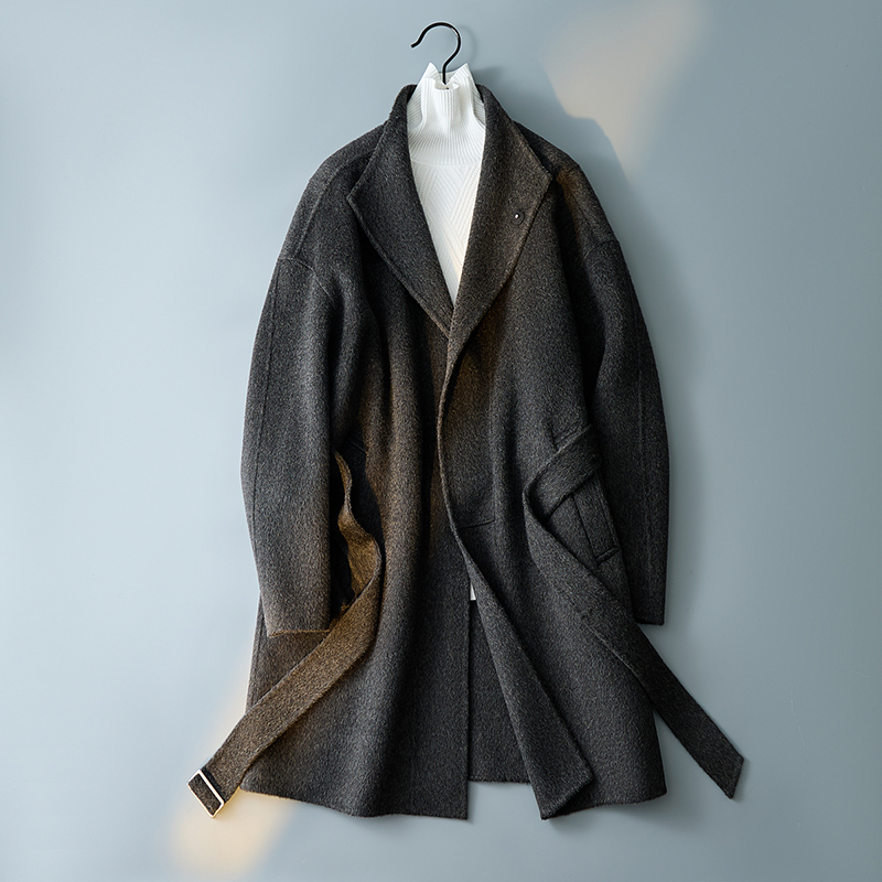 羊毛毛呢大衣腰带外套立领可翻领休闲风衣深灰色W061P485控685，男装风衣，电商D203(原钱塘6011)