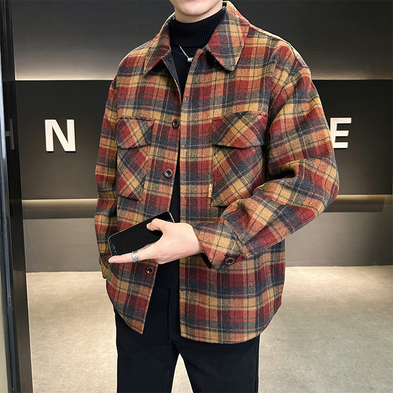 店主风毛呢夹克英伦外套双面呢衬衫格子大衣D203-68243P335控599，男装夹克，电商D203(原钱塘6011)