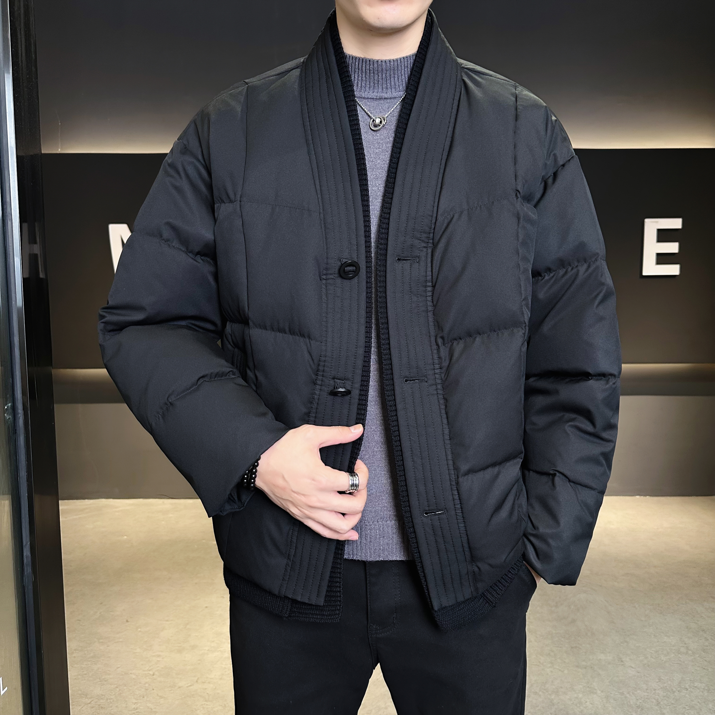 V领新中式羽绒服假两件毛线拼接加厚冬装QT6016-25118P400控699，男装羽绒服，电商D203(原钱塘6011)