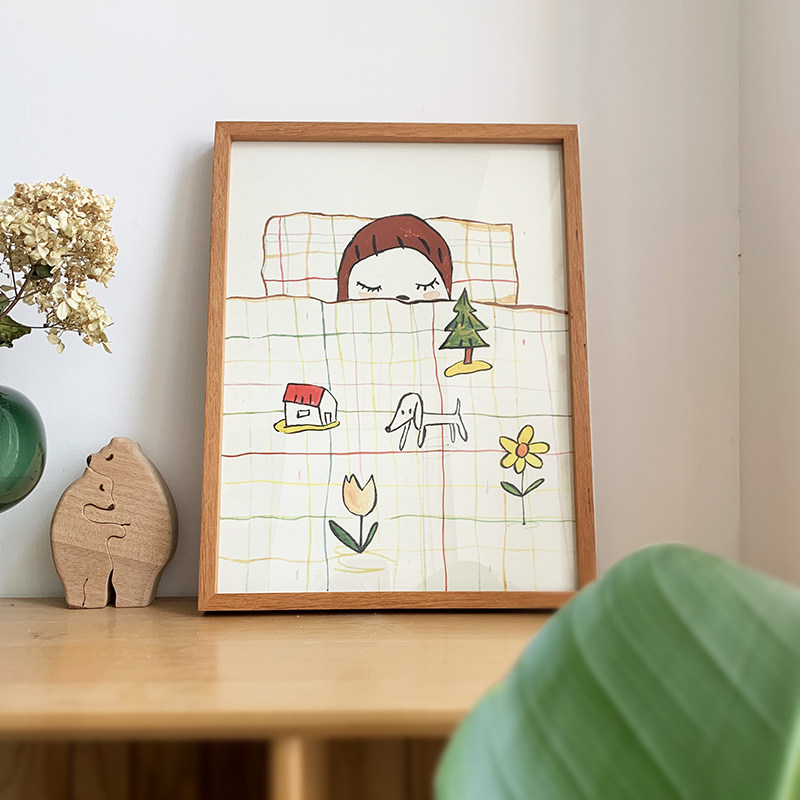 奈良美智卧室书房挂画可爱卡通儿童房客厅壁画日式实木相框装饰画
