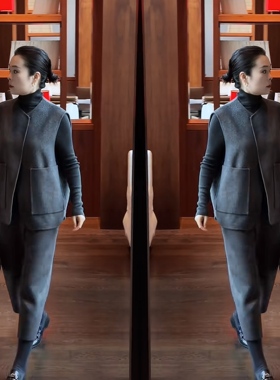 美式复古轻奢2025冬季小众灰色马甲搭配时髦打底高腰七分直筒裤女