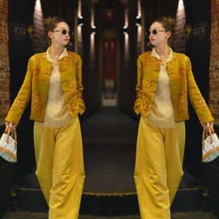 新中式网红爆款春季黄色盘扣刺绣工艺国风外套简约打底垂感阔腿裤