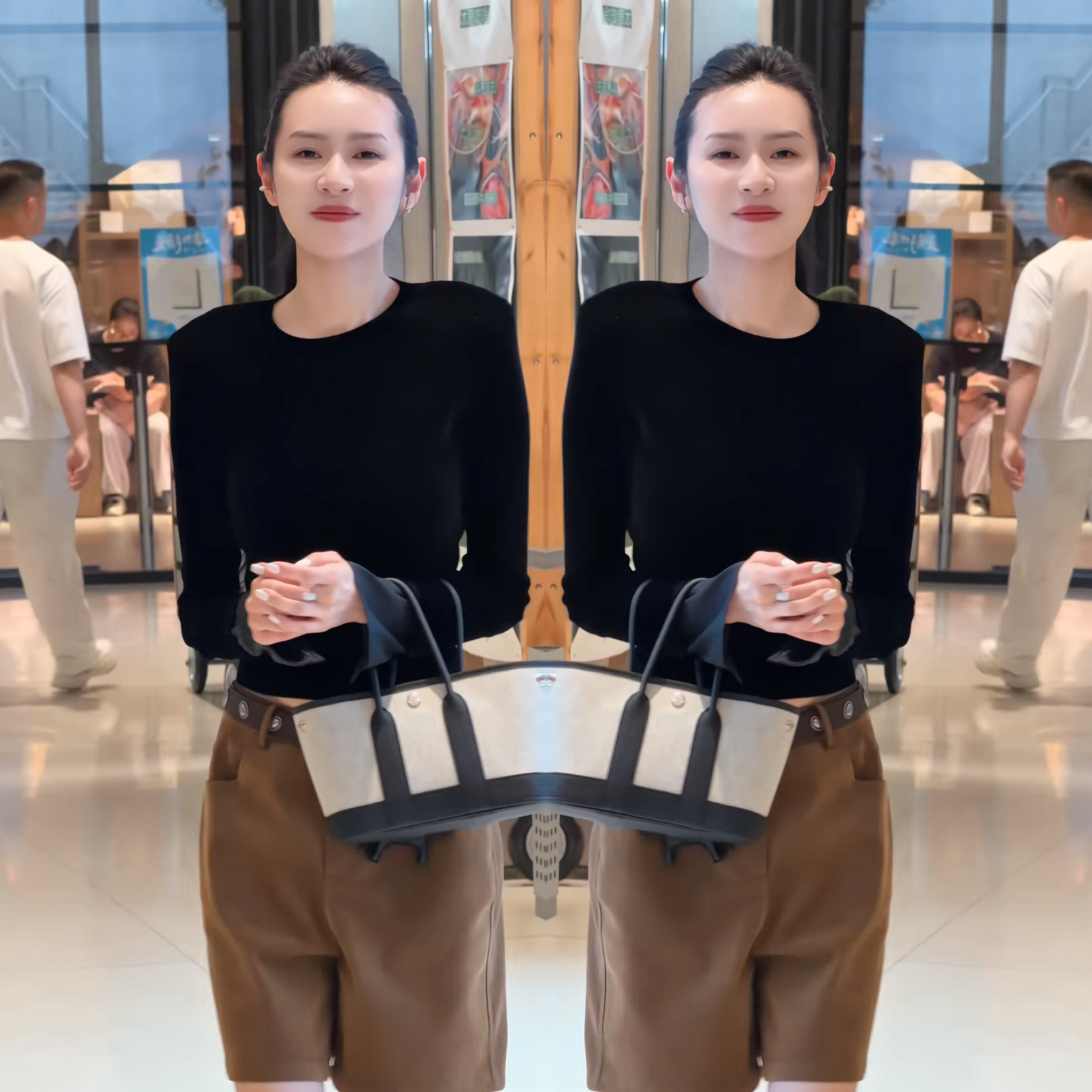 黑色长袖丝绒上衣搭高腰显瘦短裤