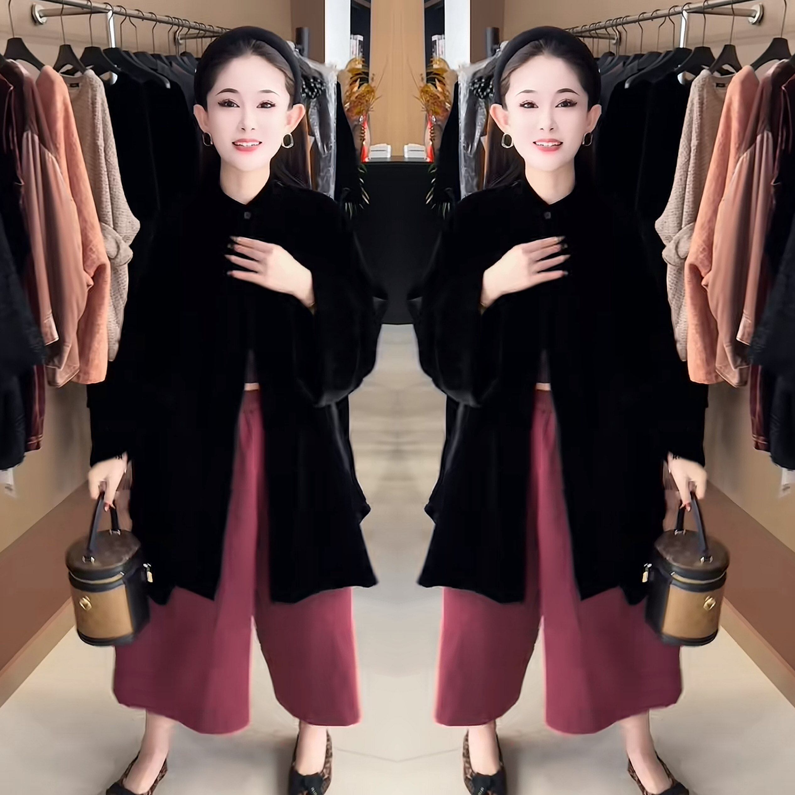 丝绒设计感秋季上衣搭配阔腿裤