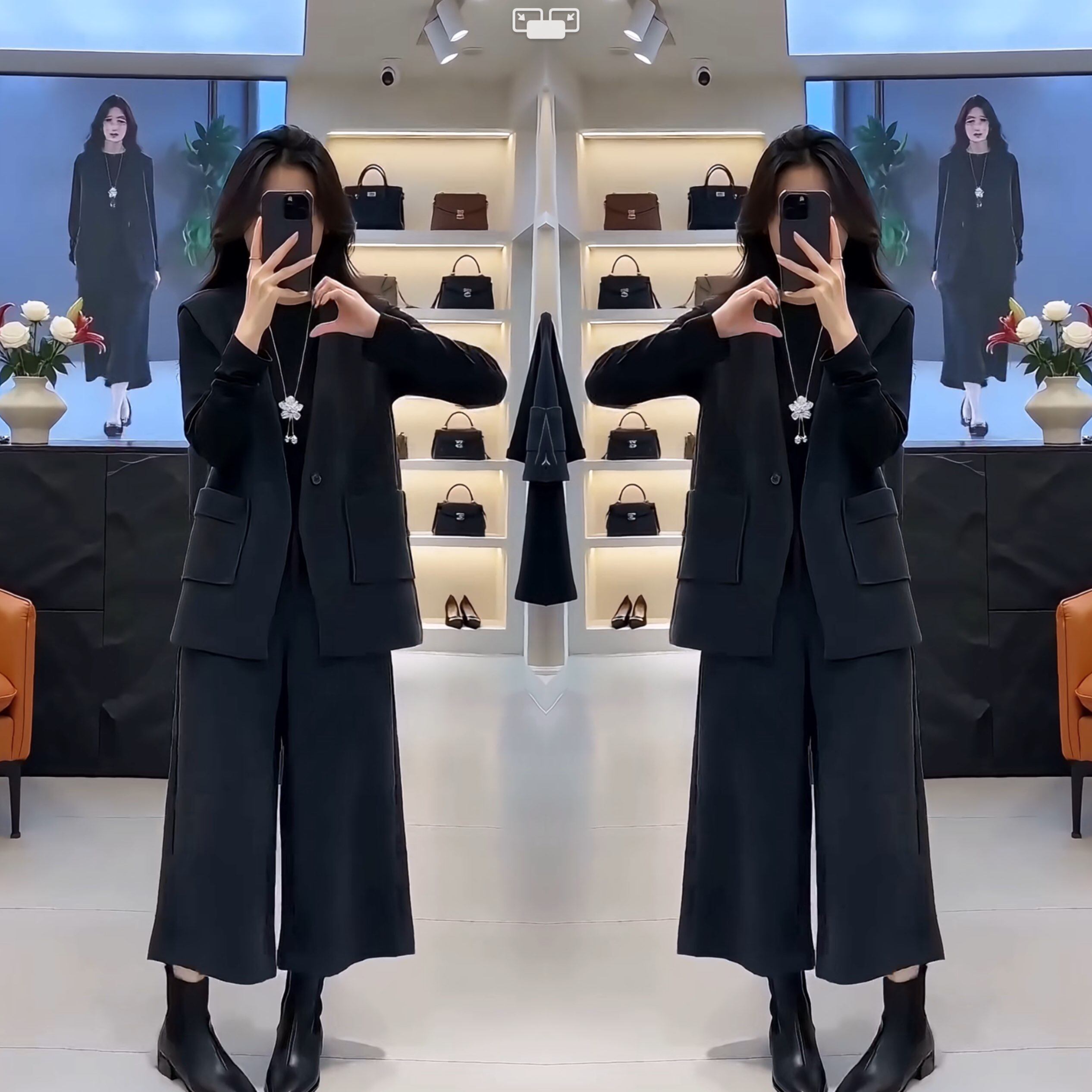 纯色女毛呢三件套小衫马甲裤子