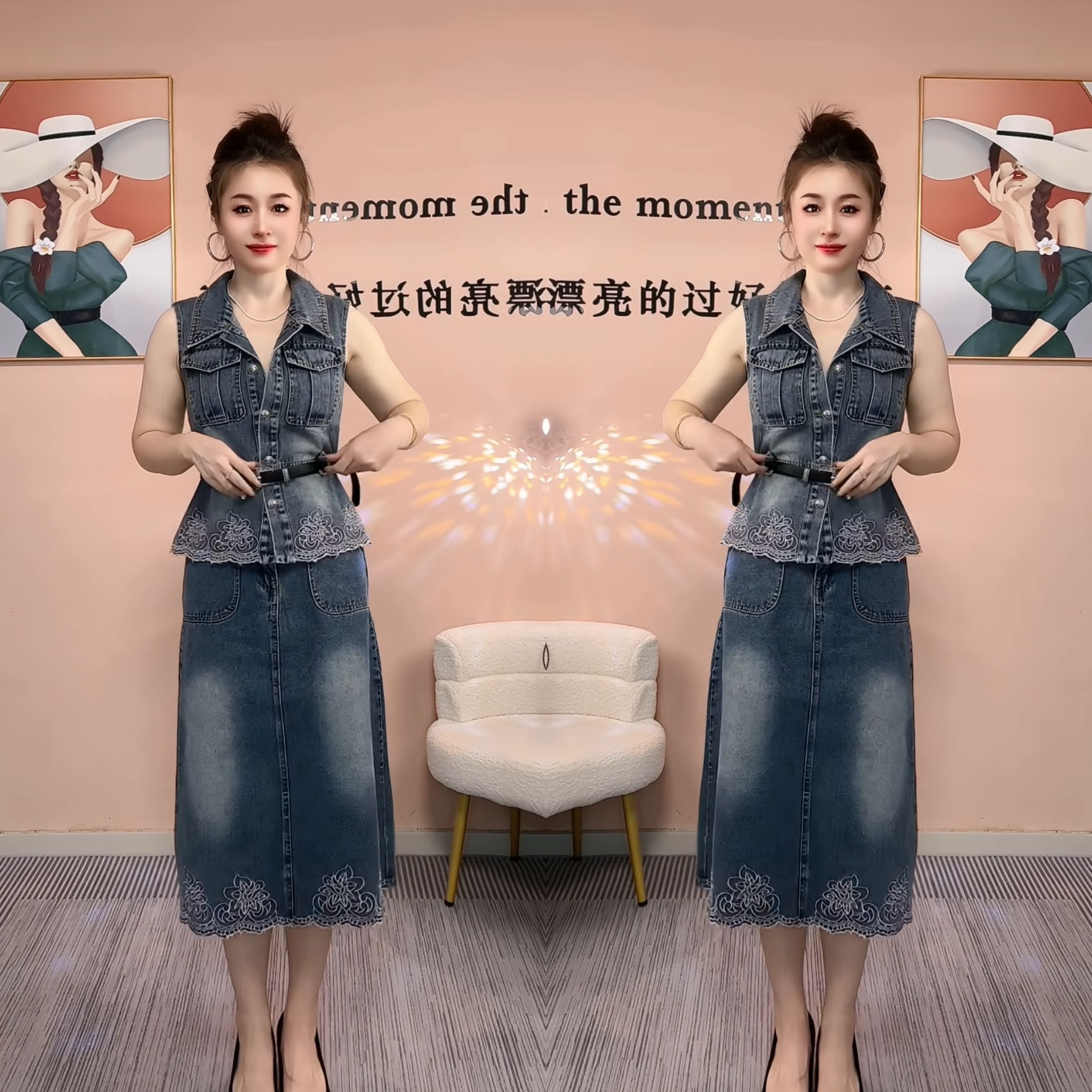 牛仔无袖修身欧货女装马甲套装裙