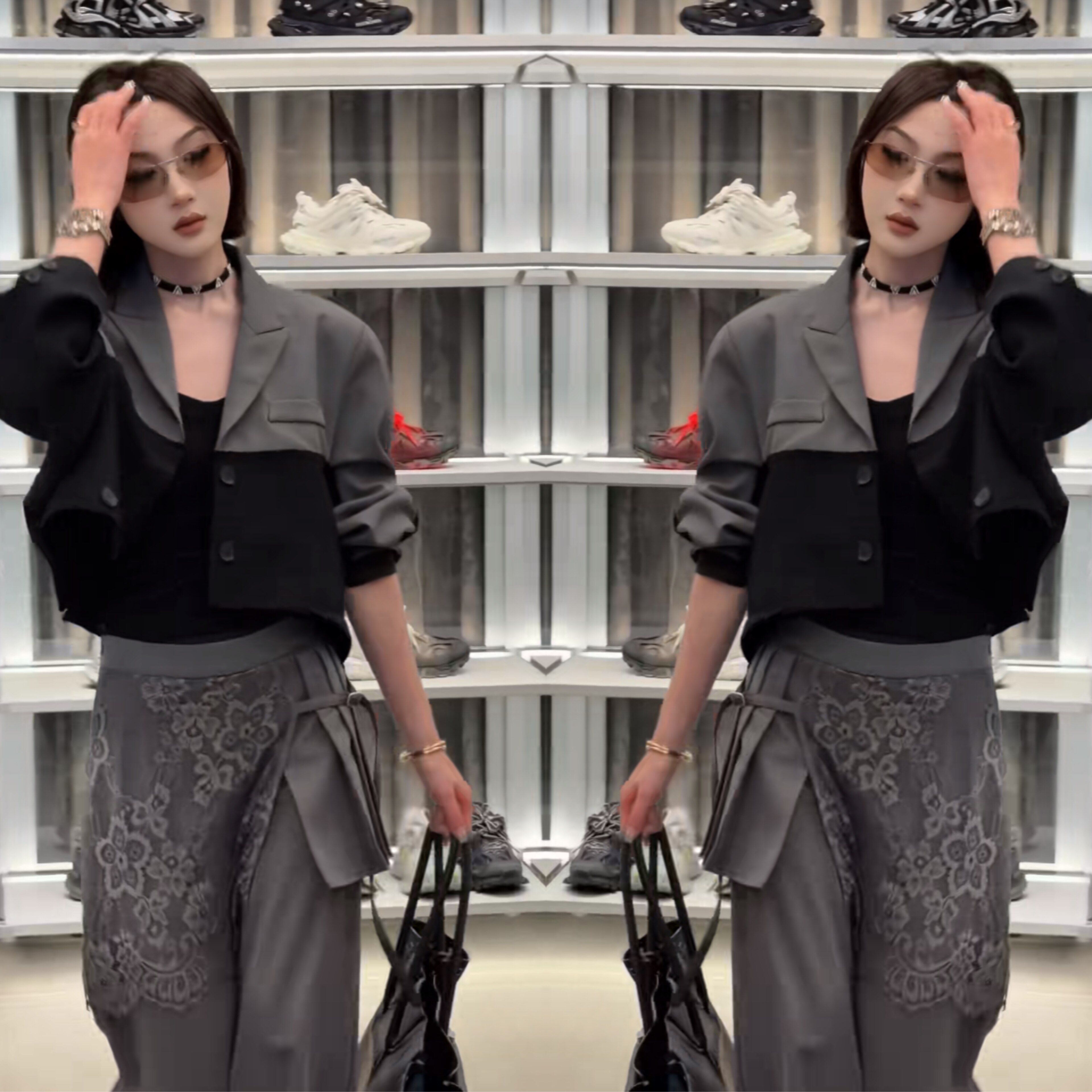 韩系潮流轻奢休闲拼接时髦短款翻领简约西服蕾丝设计感垂感直筒裤