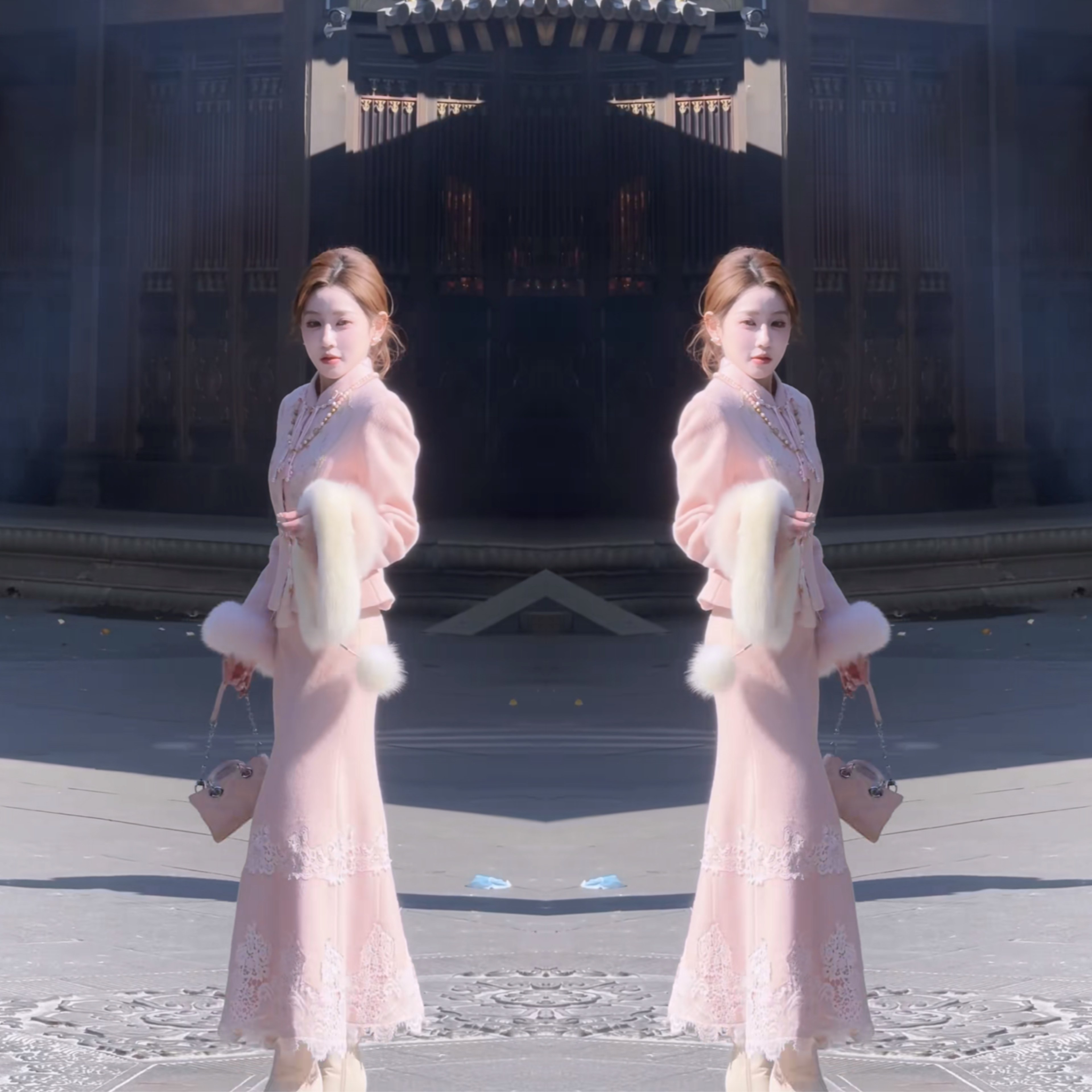 网红冬季粉色新中式文艺甜美精致毛毛袖口外套搭配包臀半身裙穿搭,女装/女士精品,上衣,淘宝优惠券,粉丝福利购,淘宝优惠卷