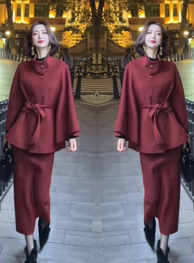 御姐成熟女人味红色高定净版礼服优雅外套搭配包臀半身裙网红穿搭