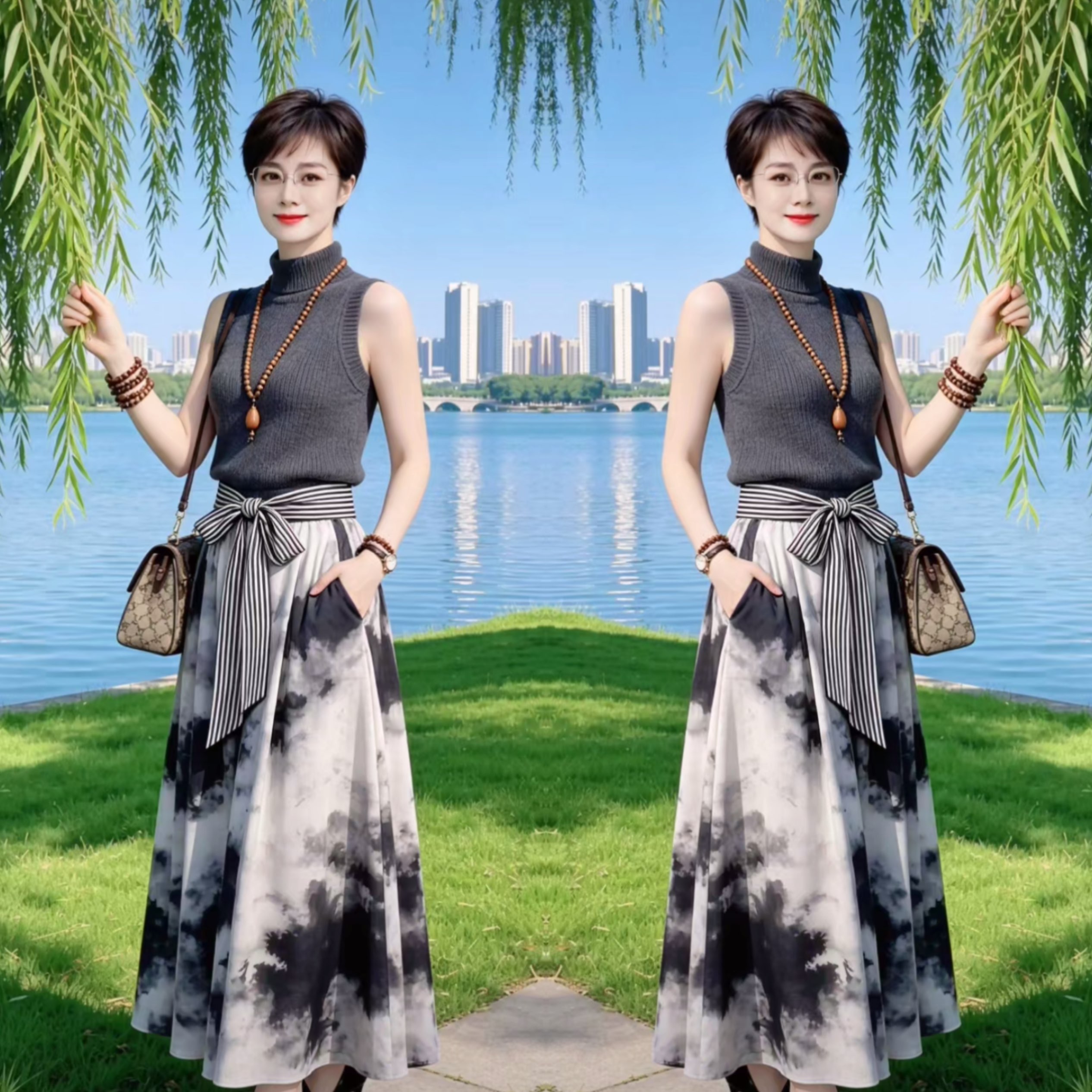 轻奢气质无袖上衣搭配晕染半身裙