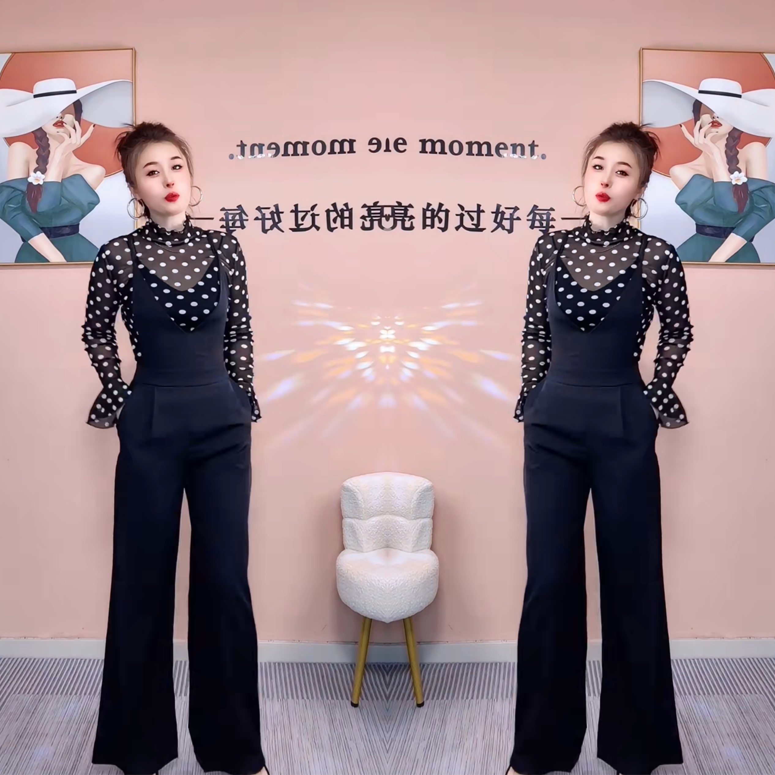 法式波点衬衫搭配黑色背带裤套装
