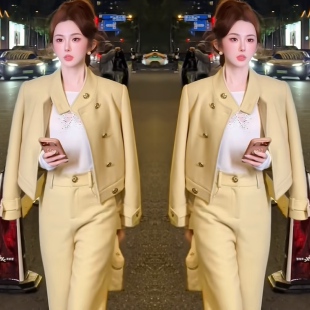 韩系潮流网红爆款香风优雅鹅黄色西服外套搭配高腰直筒裤2026穿搭