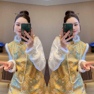 新中式白色毛边打底衫搭配黄色刺绣提花工艺垂感旗袍连衣裙两件套